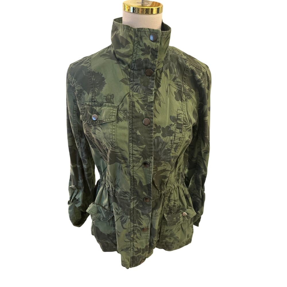 Ashley Outerwear Green Floral Utility Jacket Snap & Zip Front, Multi-Pocket, Med